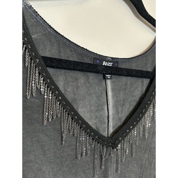 PAIGE Black Gunmetal Tshirt Short Sleeve Top With Metal Fringe V Neck Size Large - Picture 4 of 11
